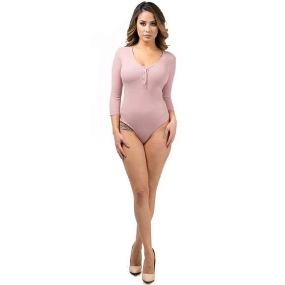 Boutique Tops - Women's Casual 3/4 Sleeve Front Button Ribbed Henley Deep V-Neck Bodysuit S,M,L